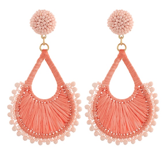 Beaded Teardrop Raffia Drop Earrings - Picture 2 of 2